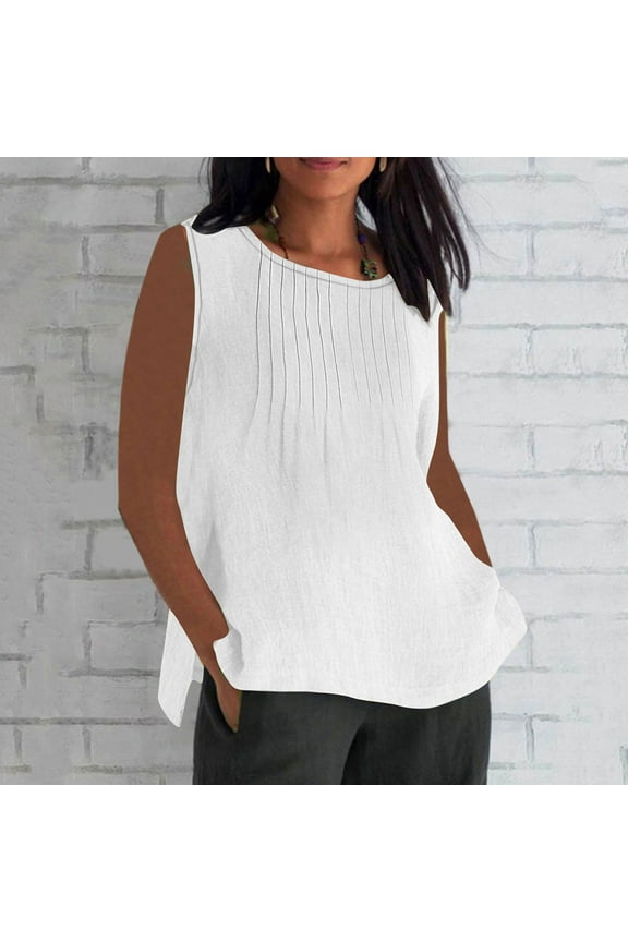 Womens Tank Tops Plus Size Sleeveless Shirt Trendy Solid Color Tunic Blouse Crew Neck Casual Loose Basic Tees Cotton Linen Oversized T Shirts Workout Tops Outfit Summer Clothes Camisas Para Mujer