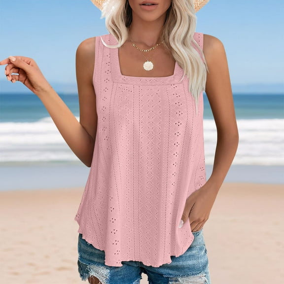 Womens Tank Tops Plus Size Sleeveless Square Neck Casual Solid Color Hem Curved Pullover Top Pink XL