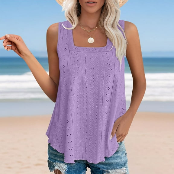 Womens Tank Tops Plus Size Sleeveless Square Neck Casual Solid Color Hem Curved Pullover Top Purple XL
