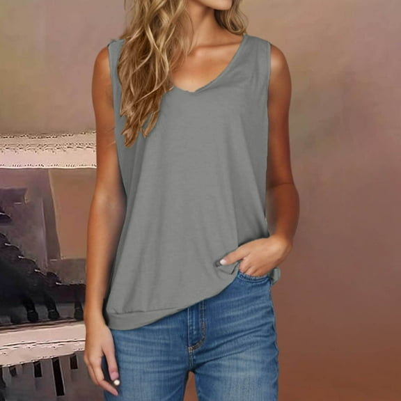 Womens Tank Tops Plus Size Sleeveless V-neck Solid Color Loose Casual Camisole Gray XL