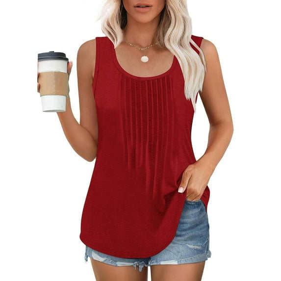 Womens Tank Tops Plus Size under $5 Sleeveless Round Neck Plus Solid Color Casual Tee Tank Red S