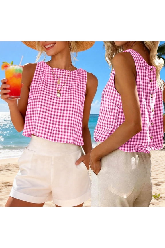Womens Tank Tops Reversible Round Neck Top with Cotton Linen Style Check Pattern Simple and Stylish Casual yet Professional Perfect for both the Office