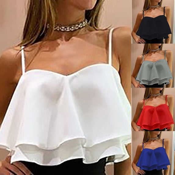 Womens Tank Tops Ruffle Sleeveless Layer Chiffon Sexy Double Lined Crop Pleated Blouse Red Summer Clothes Teen Girls XXL