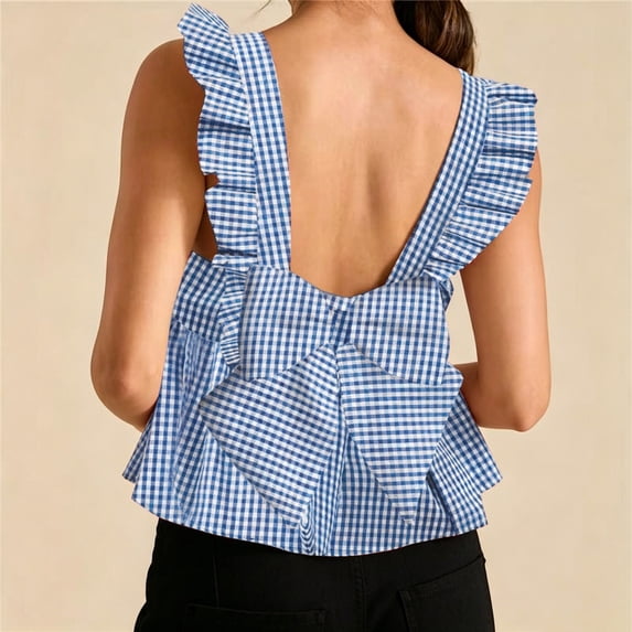 Womens Tank Tops Ruffle Tank Tops for Women Summer Square Neck Sleeveless Tops Tie Shoulder Chiffon Blouse Doll Shirts(Sky Blue,L)