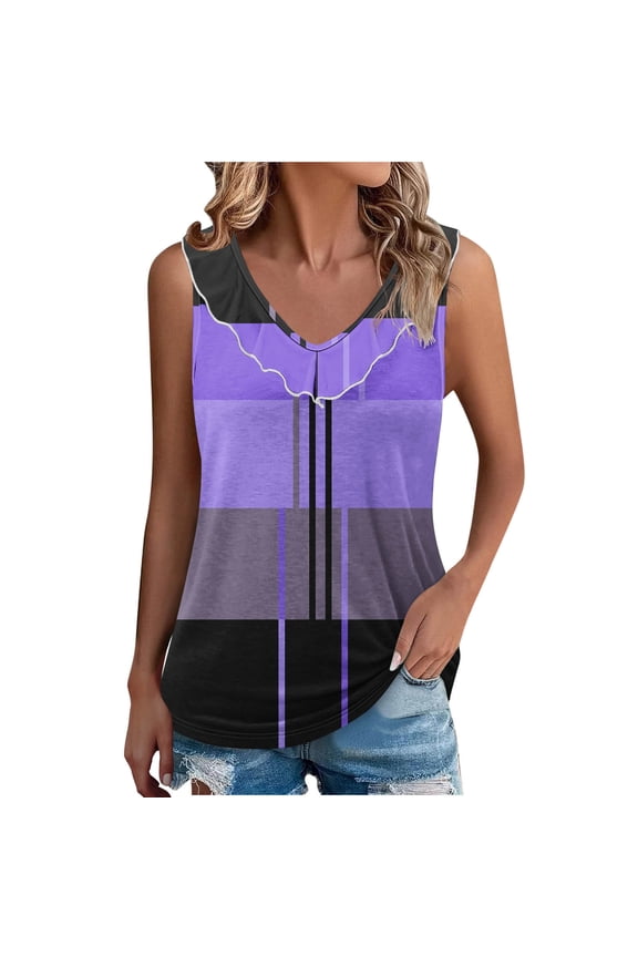 Womens Tank Tops- Ruffled V Neck Tank Tops for Womens Casual Patchwork Plaid Tunic Fashion Sleeveless Camisole Holiday Vacation Shirt