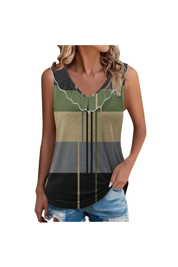 Womens Tank Tops- Ruffled V Neck Tank Tops for Womens Casual Patchwork Plaid Tunic Fashion Sleeveless Camisole Holiday Vacation Shirt