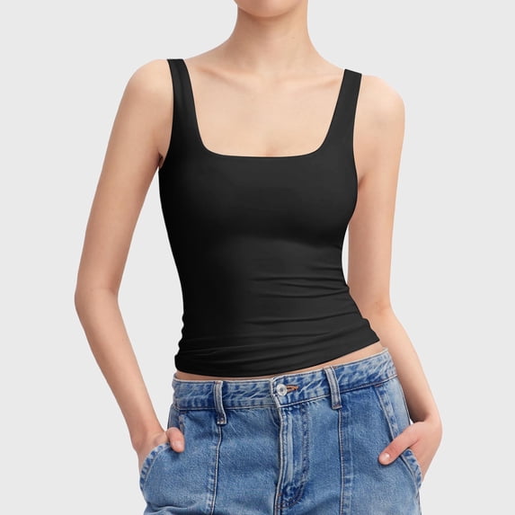 Womens Tank Tops Scoop Neck Sleeveless Ribbed Knit Basic Blouses Solid Color Y2K Camisole Shirts XL