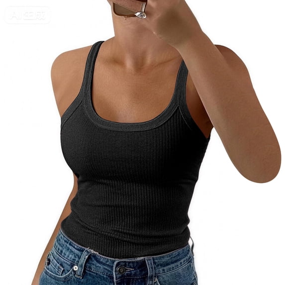 Womens Tank Tops Scoop Neck Sleeveless Ribbed Knit Basic Tees Slim Fitted Summer Casual Cami Shirts,Black,XL
