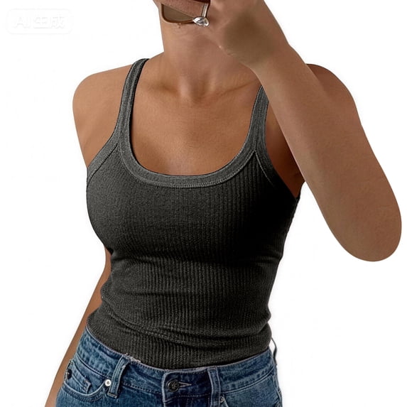 Womens Tank Tops Scoop Neck Sleeveless Ribbed Knit Basic Tees Slim Fitted Summer Casual Cami Shirts,Dark Gray,XL