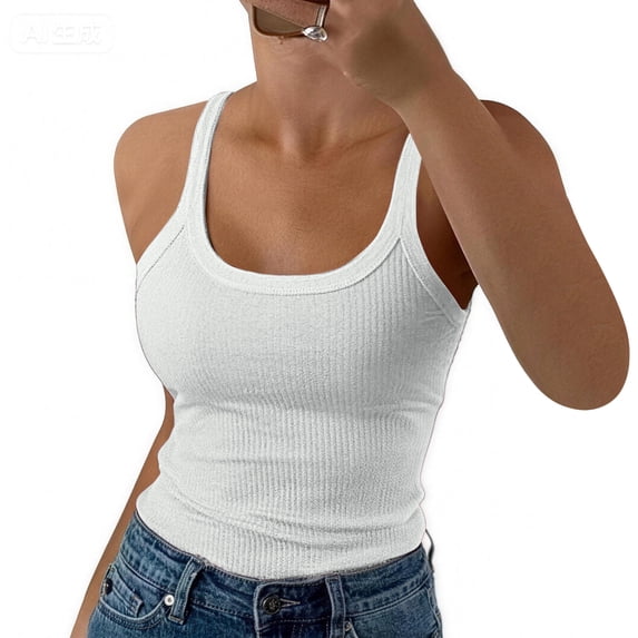 Womens Tank Tops Scoop Neck Sleeveless Ribbed Knit Basic Tees Slim Fitted Summer Casual Cami Shirts,White,XXL