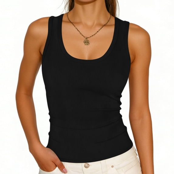Womens Tank Tops Scoop Neck Sleeveless Ribbed Tank Summer Basic Thick Strap Slim Fitted Racerback Ribbed Knit Slim Fitted Basic Tank Top Shirt
