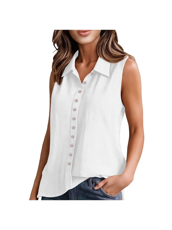 Womens Tank Tops Sevevn Women's Sleeveless Button Down Blouse Casual Collared Shirt Top White M