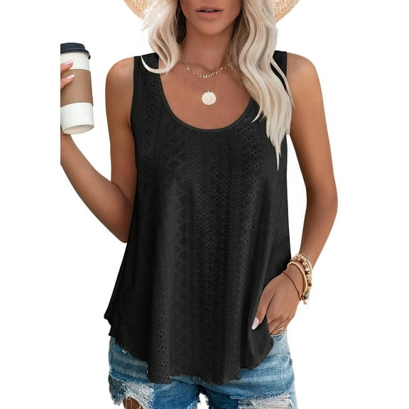 Womens Tank Tops Sleeveless Eyelet Embroidery Scoop Neck Loose Fit Casual Summer Flowy Black XL