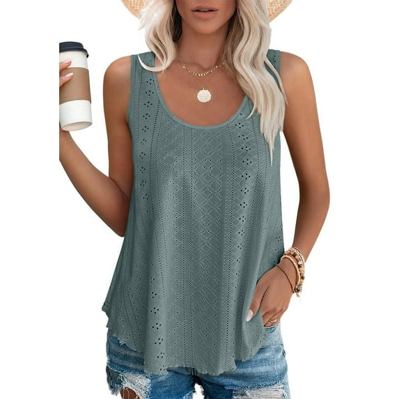 Womens Tank Tops Sleeveless Eyelet Embroidery Scoop Neck Loose Fit Casual Summer Flowy Green M