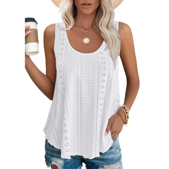 Womens Tank Tops Sleeveless Eyelet Embroidery Scoop Neck Loose Fit Casual Summer Flowy White S