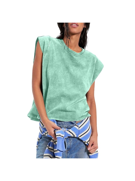 Womens Tank Tops Sleeveless Round Neck Water Washed Loose Comfort Casual American Style Vest Blouse