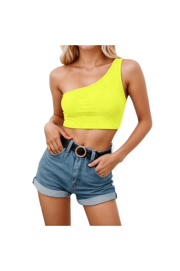 Womens Tank Tops Solid Color Low Cut Cold Shoulder Halter Neck Crop Top Sleeveless Lightweight Summer Tee Yellow L