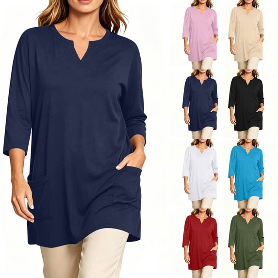 Womens Tank Tops Spaghetti Strap Plus Size Long Tops for Women - 3/4 Sleeve V-Neck T-Shirt with Double Pockets - Oversized Casual Daily Top 5XL