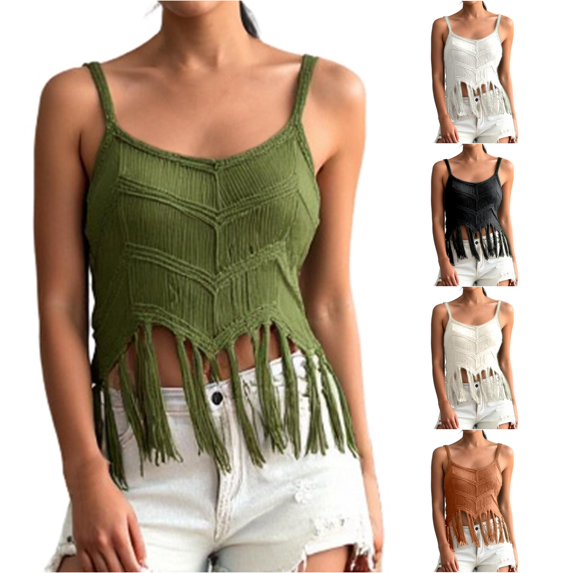 Womens Tank Tops Summer Camisole Beach Knit Tassels Loose Fit Tops Crew Neck Spaghetti Solid Color Clothes Casual Comfort Holiday Everyday Wear,Green,L