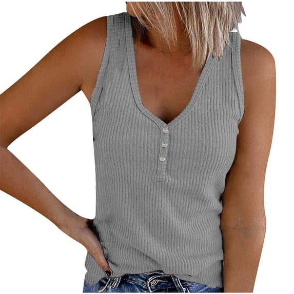 Womens Tank Tops Summer Casual Sleeveless V Neck Solid Color Button Trendy Shirts Blouse