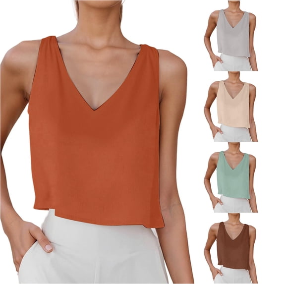 Womens Tank Tops Summer Cotton Linen Basic Loose Fit Tops V-Neck Sleeveless Solid Color Clothes Casual Trendy Party Everyday Wear,Orange,XXXL