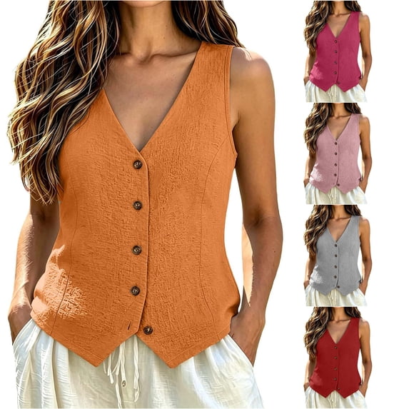 Womens Tank Tops Summer Cotton Linen Button Down Basic Slim Fit Tops V-Neck Sleeveless Solid Color Clothes Casual Classic Beach Everyday Wear,Orange,M