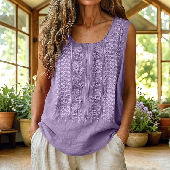 Womens Tank Tops Summer Cotton Linen Embroidery Casual Blouse Loose Fit Scoop Neck Gauze Boho Shirts, 2XL