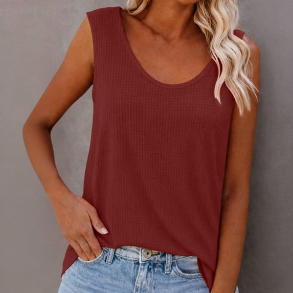 Womens Tank Tops Summer Fashion Solid Color Round Neck Casual T Shirts Loose Flowy Sleeveless Blouses Beach Vacation Outfits