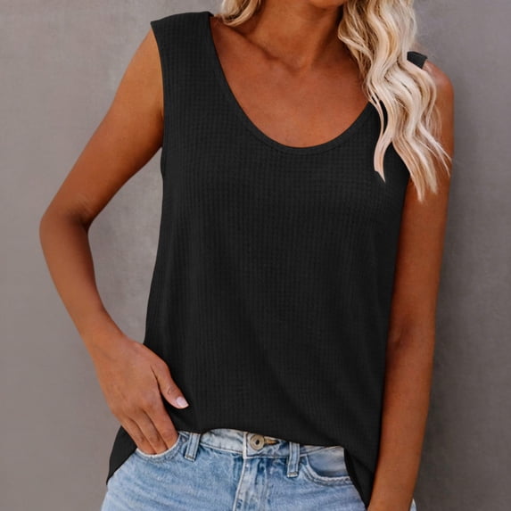 Womens Tank Tops Summer Fashion Solid Color Round Neck Casual T Shirts Loose Flowy Sleeveless Blouses Beach Vacation Outfits