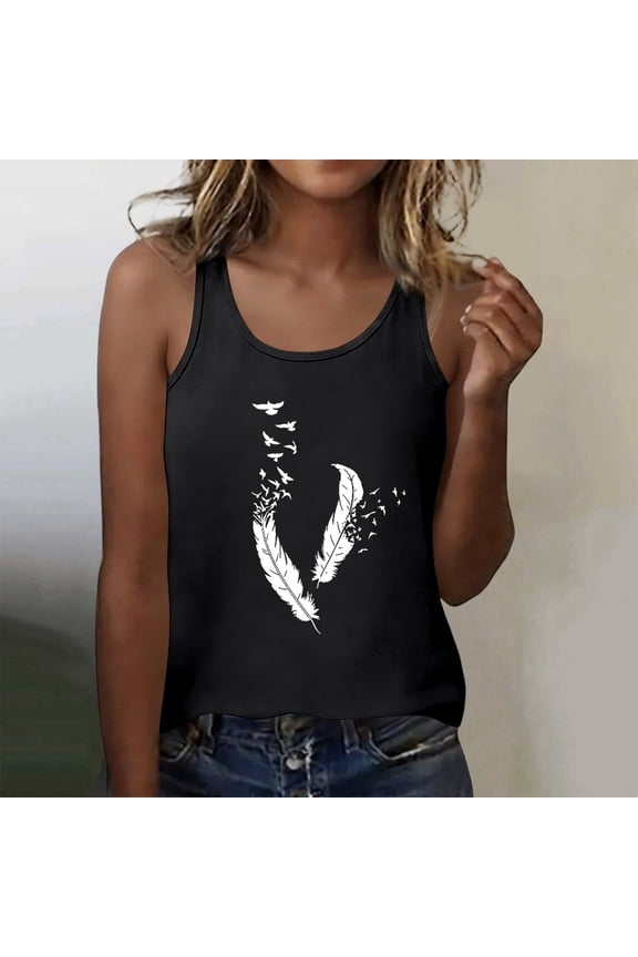 Womens Tank Tops Summer Feather Print Racerback Crew Neck Casual Stretch Basic Sleeveless Top Womens Camisole Black L