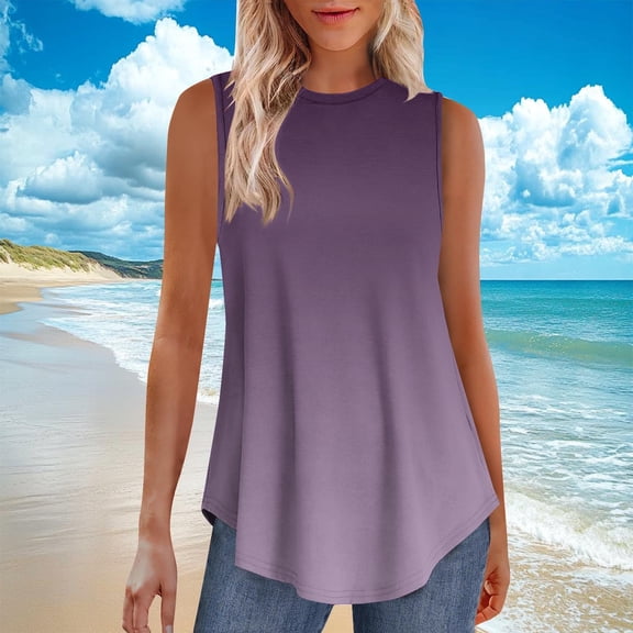 Womens Tank Tops Summer Gradient Print Crew Neck Tee Shirts Leisure Loose Fit Sleeveless Standard Straps Summer Tops