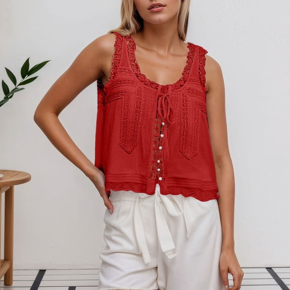 Womens Tank Tops Summer Lace Patchwork Slim Fit Cami Round Neck Button Detail Womens Cami RD1 M