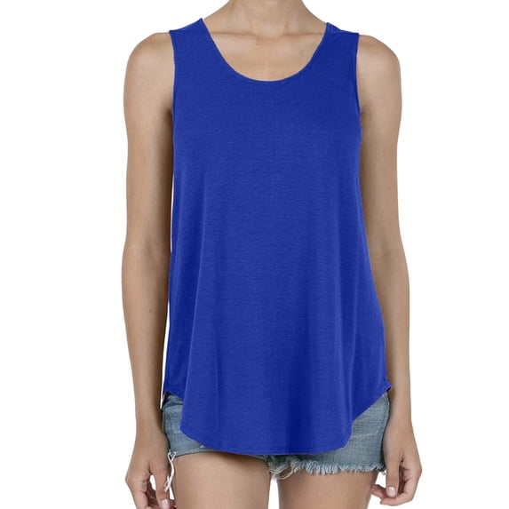 Womens Tank Tops Summer Loose Sleeveless Tops Ribbed Trim Scoop Neck Curved Hem Blue M