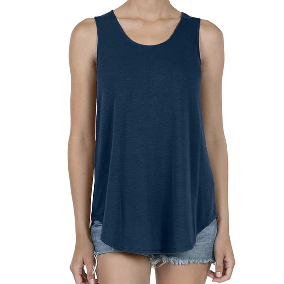Womens Tank Tops Summer Loose Sleeveless Tops Ribbed Trim Scoop Neck Curved Hem Blue XL