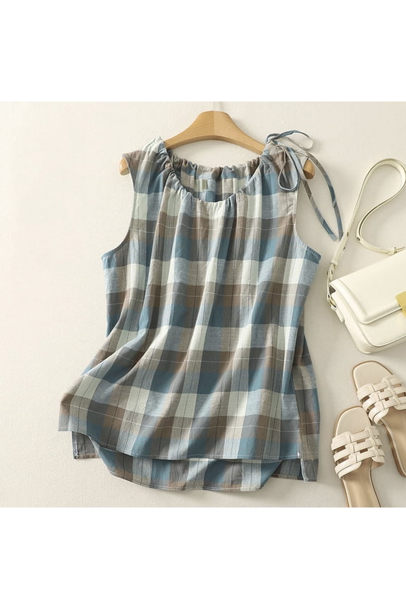 Womens Tank Tops Summer Plaid Print Vest Round Neck Tie String Bow Top Breathable Womens Cami Blue L