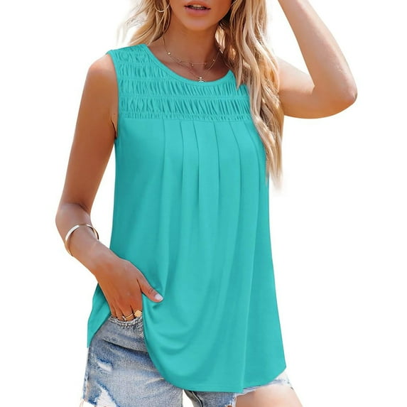 Womens Tank Tops Summer Pleated Crew Neck Sleeveless Tops For Women Ruched Loose 2xl Tops Women Shirt Women Sleeveless Pajamas Women Dressy Cardigan Women Beach Women Top Shirts Women Loose Workout
