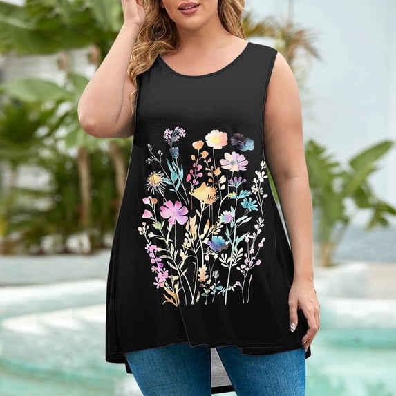 Womens Tank Tops Summer Plus Size Crewneck Shirts Floral Printed Oversized Casual Vacation Sleeveless Pullover Tops,Sizes L-5XL