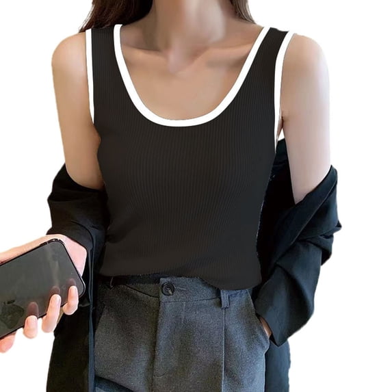 Womens Tank Tops Summer Ribbed Basic Slim Fit Tops Crew Neck Sleeveless Solid Color Clothes Casual Stylish Party Everyday Wear,Black,L