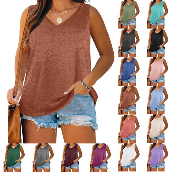 Womens Tank Tops Summer Short Sleeveless Loose Polluer Plus Size Tank Tops Solid V-Neck Blouse Shirt Tank Tops for Women, Orange-3XL