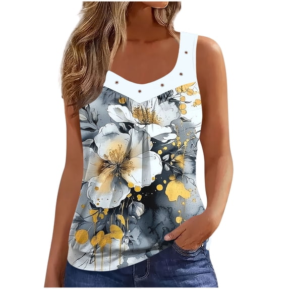 Womens Tank Tops Summer Sleeveless Blouse Crewneck Casual Loose Fitl Floral Printed Blouse Casual Loose Elasticity Top