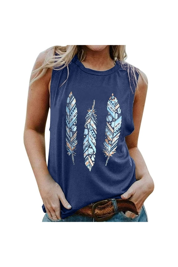 Womens Tank Tops Summer Sleeveless Shirts Fashion Graphic Feather Printed Tunic Loose Fit Vest Tops Holiday Shirts