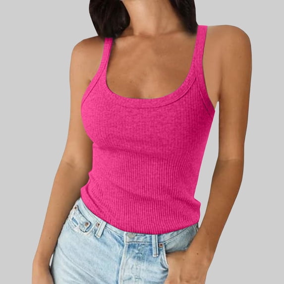 Womens Tank Tops Summer Sleeveless U Neck Ribbed Knit Basic Slim Going out Cami Tee Shirts,Hot Pink,Size L