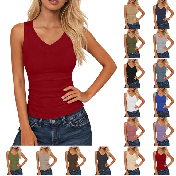 Womens Tank Tops Summer Sleeveless V-Neck Solid Collar Blouses Plus Size Tank Tops With Chest Cushion Short, Wine-3XL