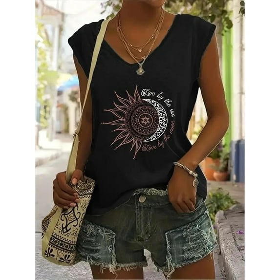 Womens Tank Tops Summer Sun Graphic T Shirts Sleeveless Casual Loose Tunic Blouses, S