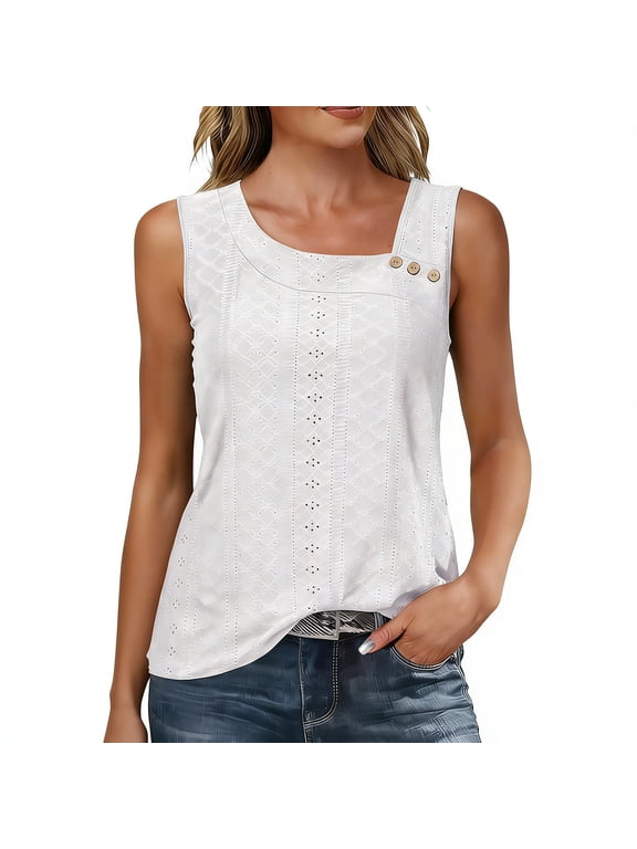 Womens Tank Tops- Summer Tank Tops for Women Pleated Square Neck O Ring Shoulder Sleeveless Shirts Casual Loose Fit Trendy Blouses White XXL