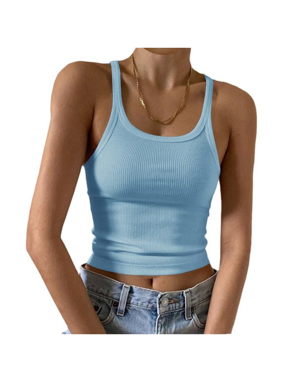 Womens Tank Tops U-Neck Ribbed Crop Tops for Women Stretchy Cropped Slim Camisole Tops for Women Summer Party Layering L Light Blue