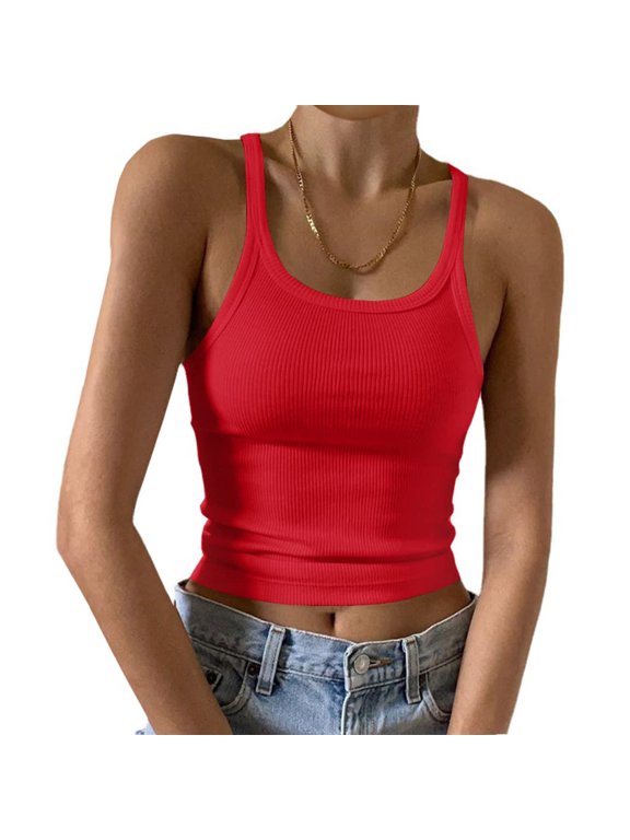 Womens Tank Tops U-Neck Ribbed Crop Tops for Women Stretchy Cropped Slim Camisole Tops for Women Summer Party Layering L Red