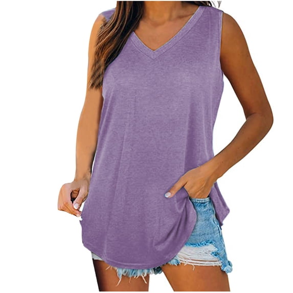Womens Tank Tops V Neck Basic Solid Color Casual Flowy Summer Sleeveless
