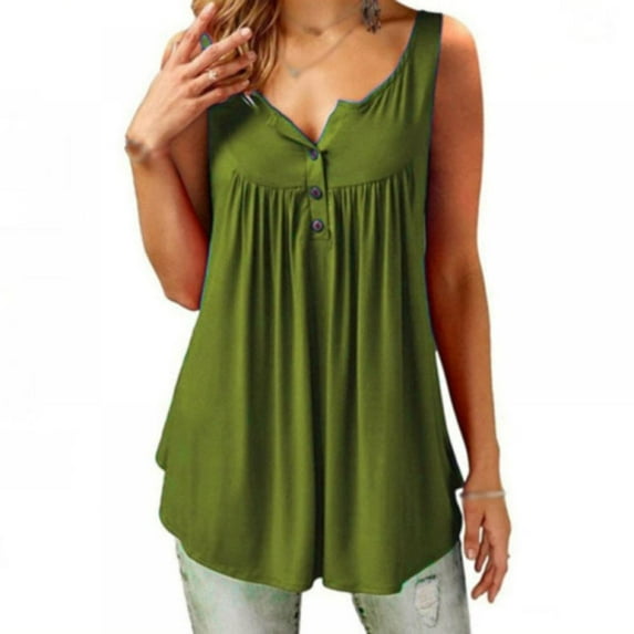 Womens Tank Tops V Neck Casual Summer Sleeveless Tops Button Up Solid Color Shirts
