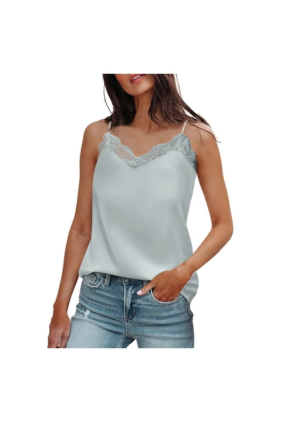 Womens Tank Tops V Neck Elegant Silk Satin Camisole For Lightweight Layering With Delicate Lace Trim And Soft Sheen Classic Sleeveless Shirts Summer Casual Cute Y2K Vest Size M